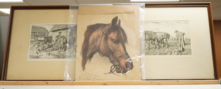 Stanley Anderson RA, RE (1884-1966), 'Good Companions' and 'Three Good Friends', each signed in pencil and Ed. 65, pair of line engravings together with a print after Sir Edwin Landseer R.A., Study of a horse ridden by H